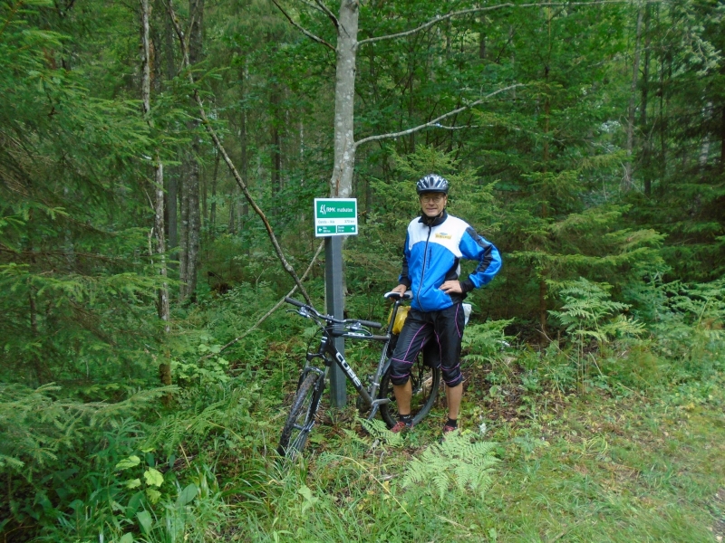 Cilvēks ar velosipēdu mežā